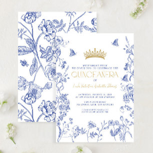 Royal Blue Gold Tiara Floral Butterfly Quinceañera Invitation