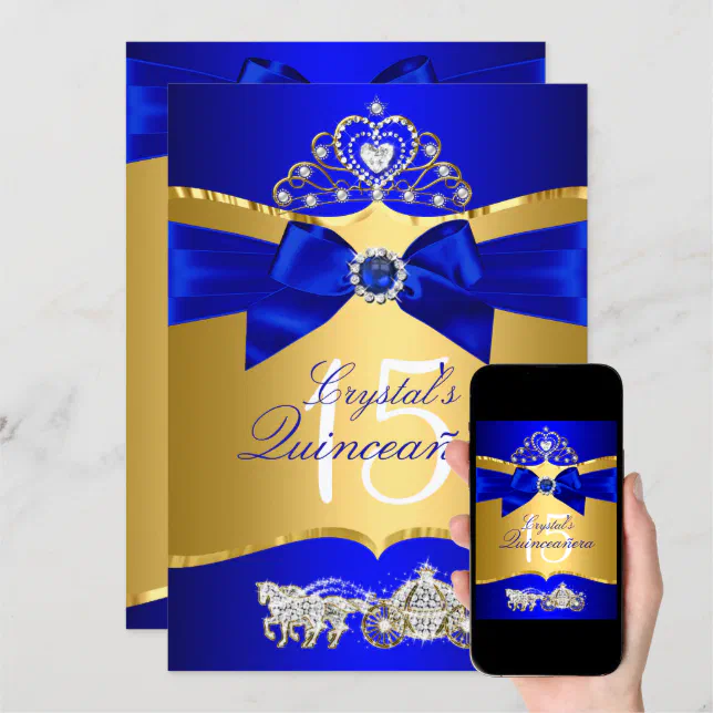 Royal Blue Gold Tiara Pearl Bow Quinceanera Invitation Zazzle