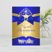 Royal Blue Gold Tiara Pearl Bow Quinceanera Invitation (Standing Front)