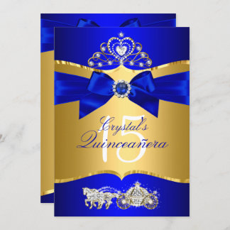 Royal Blue Gold Tiara Pearl Bow Quinceanera Invitation