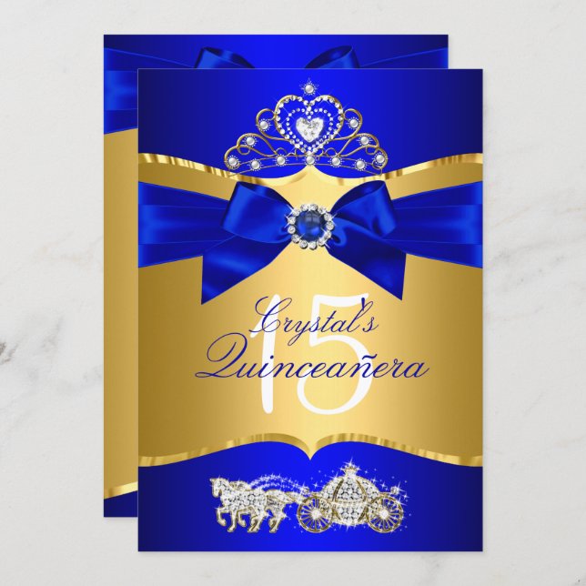 Royal Blue Gold Tiara Pearl Bow Quinceanera Invitation (Front/Back)