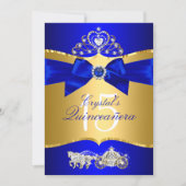 Royal Blue Gold Tiara Pearl Bow Quinceanera Invitation (Front)
