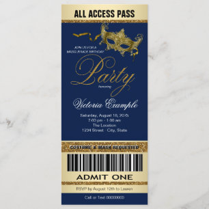 Royal Blue Gold Ticket Style Masquerade Party Invitation