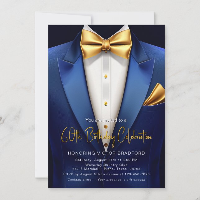 Royal Blue Gold Tuxedo Any Number Birthday Event Invitation | Zazzle