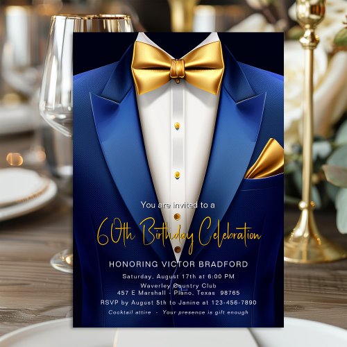 Royal Blue Gold Tuxedo Any Number Birthday Event Invitation