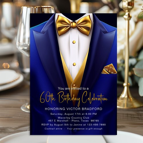 Royal Blue Gold Tuxedo Any Number Birthday  Invitation