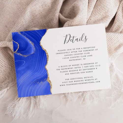Royal Blue Gold Watercolor Agate Wedding Details Enclosure Card