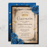 Royal Blue Gold Watercolor Elegant Quinceanera Invitation<br><div class="desc">Elegant royal blue and gold quinceanera invitations that can be personalized for your sweet 15 birthday party, wedding, or other special celebrations. The beautiful design incorporates glitter gold butterfly confetti and navy blue watercolor roses illustrated by Raphaela Wilson. The fancy vintage gown/dresses border accents the rich parchment paper on the...</div>