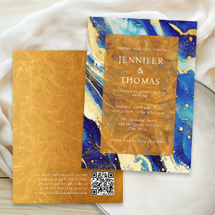 Royal Blue Gold Wedding Invitation With QR Code