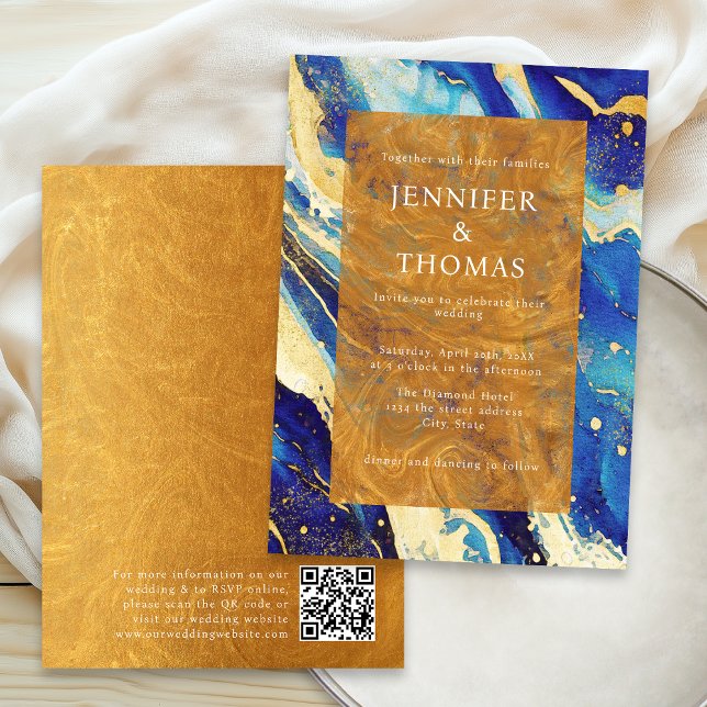 Royal Blue Gold Wedding Invitation With QR Code (Creator Uploaded)