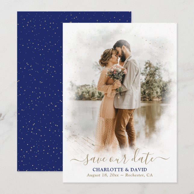 Royal Blue Gold Wedding Photo Save Our Date Card (Front/Back)