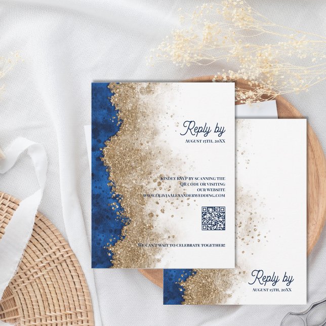 Royal Blue & Gold Wedding RSVP with QR Code Card (Royal Blue & Gold Wedding RSVP with QR Code | Modern Elegant Response Card)