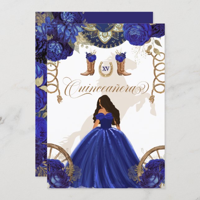Royal Blue Gold Western Charro 2-Sided Quinceanera Invitation (Front/Back)