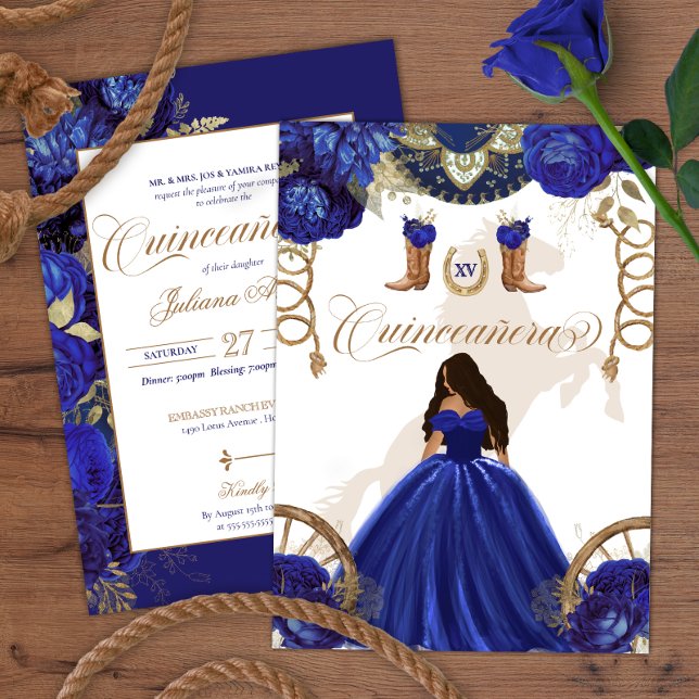 Royal Blue Gold Western Charro 2-Sided Quinceanera Invitation