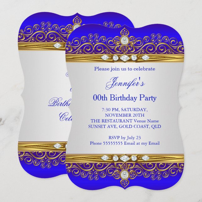 Royal Blue Gold White Diamond Birthday Party 2 Invitation (Front/Back)