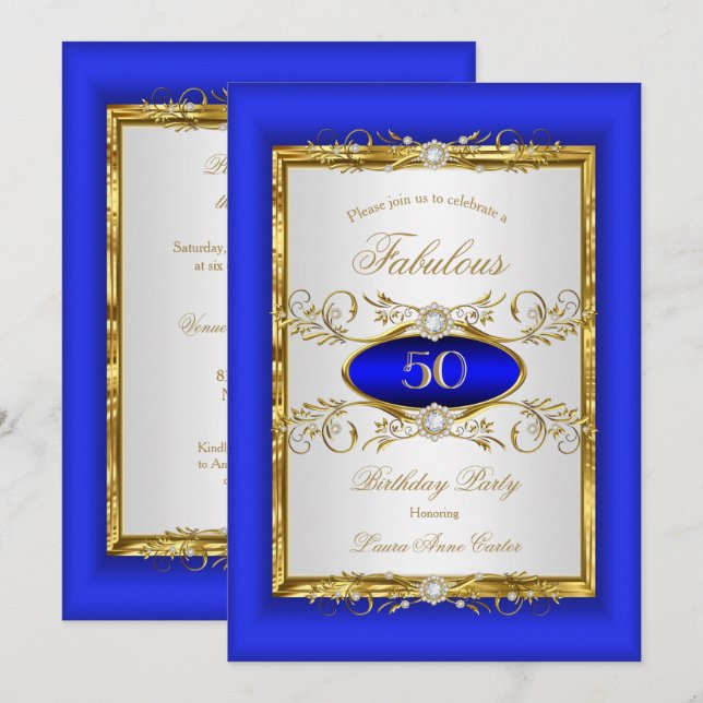 Royal Blue Gold White Diamond Birthday Party Invitation (Front/Back)