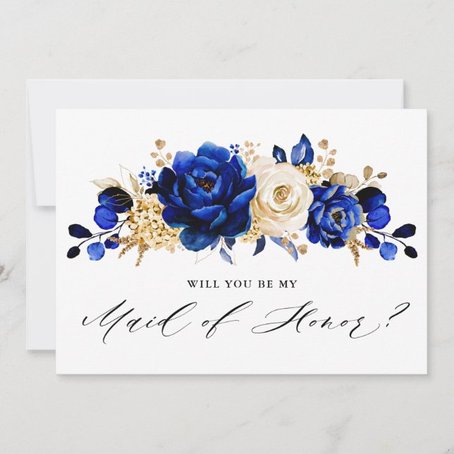 Royal Blue Gold will you be my maid of honor Invitation (Front)