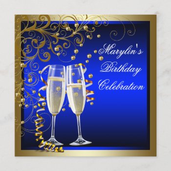 Royal Blue Gold Womans Blue Gold Birthday Invitation by Champagne_N_Caviar at Zazzle