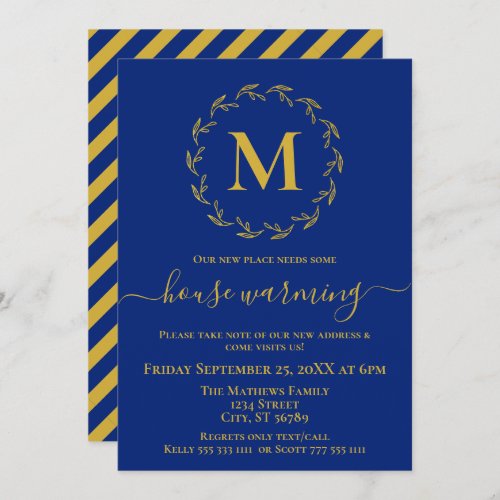 Royal Blue Gold Wreath Monogram House Warming Announcement