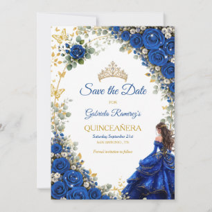 Royal Blue Golden Butterflies Quinceañera Save The Date