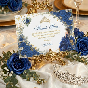 Royal Blue Golden Butterfly Quinceañera Thank You Card