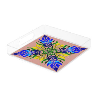 Royal Blue & Golden Floral Mandala Boho Botanical Acrylic Tray