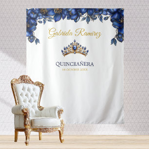 Royal Blue Golden Floral Quinceañera Backdrop