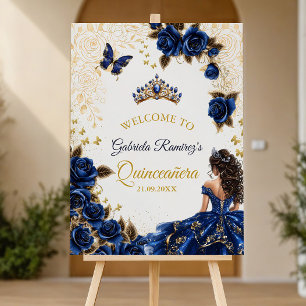 Royal Blue Golden Roses Quinceañera Welcome Foam Board