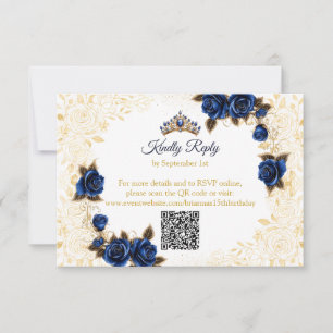 Royal Blue Golden Tiara Butterflies Quinceañera RSVP Card