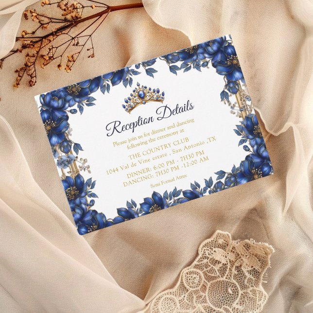 Royal Blue Golden Tiara Floral Quinceañera Enclosure Card (Creator Uploaded)