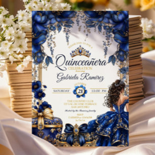 Royal Blue Golden Tiara Floral Quinceañera Invitation