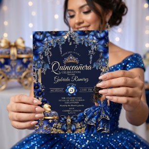 Royal Blue Golden Tiara Floral Quinceañera Invitation