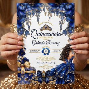 Royal Blue Golden Tiara Floral Quinceañera Invitation
