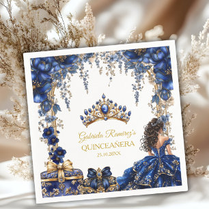 Royal Blue Golden Tiara Floral Quinceañera Napkins