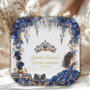 Royal Blue Golden Tiara Floral Quinceañera Paper Plates