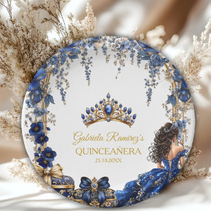 Royal Blue Golden Tiara Floral Quinceañera Paper Plates