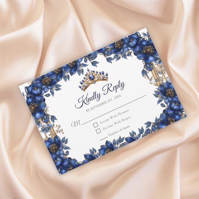 Royal Blue Golden Tiara Floral Quinceañera RSVP Card (Creator Uploaded)