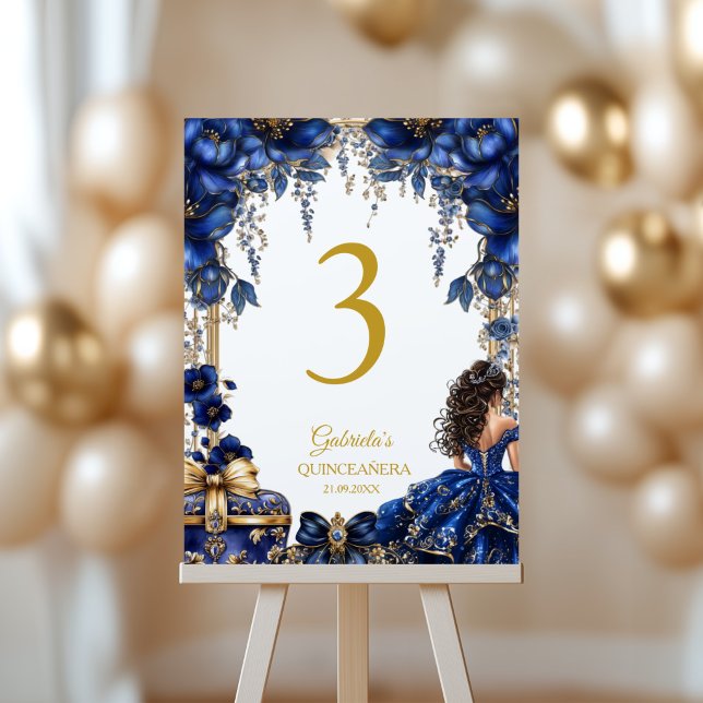 Royal Blue Golden Tiara Floral Quinceañera  Table Number (Creator Uploaded)