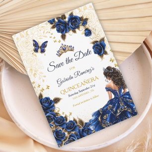 Royal Blue Golden Tiara Roses Quinceañera Save The Date