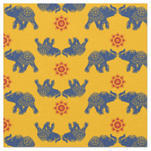 Royal Blue, Golden Yellow Jeweled Elephants Indian Fabric