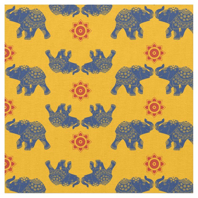 Royal Blue, Golden Yellow Jeweled Elephants Indian Fabric (Close Up)
