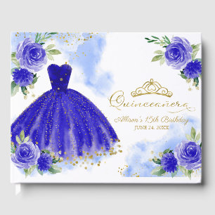 Royal Blue Gown Floral Quinceanera Guest Book