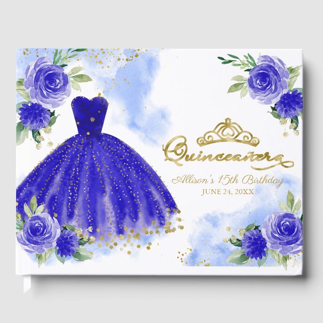 Royal Blue Gown Floral Quinceanera Guest Book (Front)