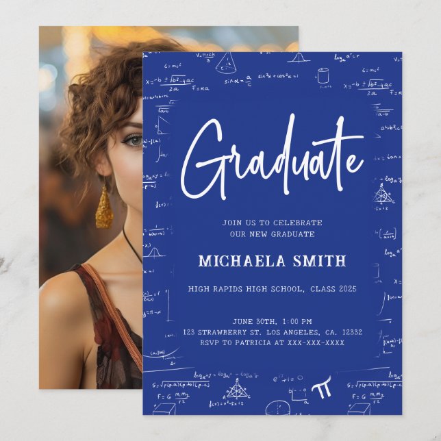 Royal Blue Graduate Math Photo Graduation Invitation (Front/Back)