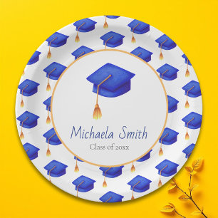 Royal Blue Graduation Cap Patterned Personalized Paper Plates