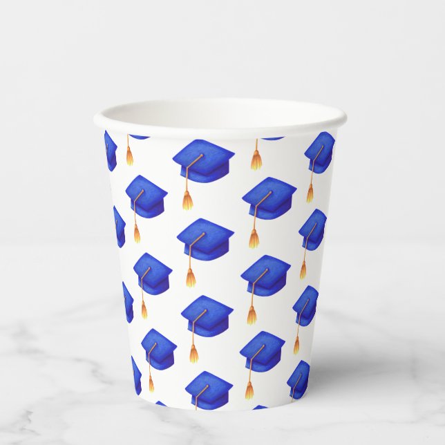 Royal Blue Graduation Hat Pattern Paper Cups (Front)