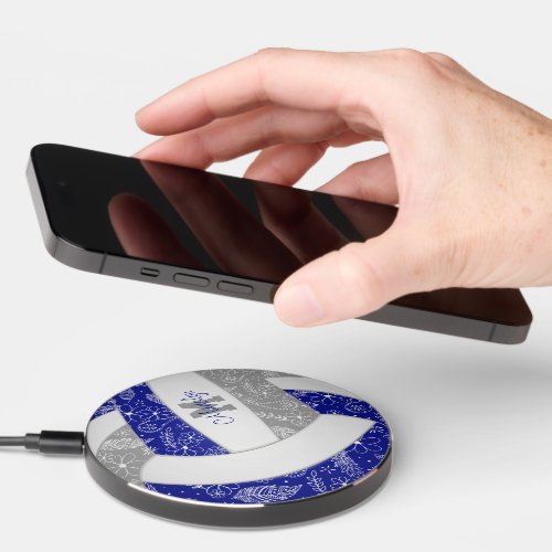 royal blue gray doodle feathers volleyball wireless charger 