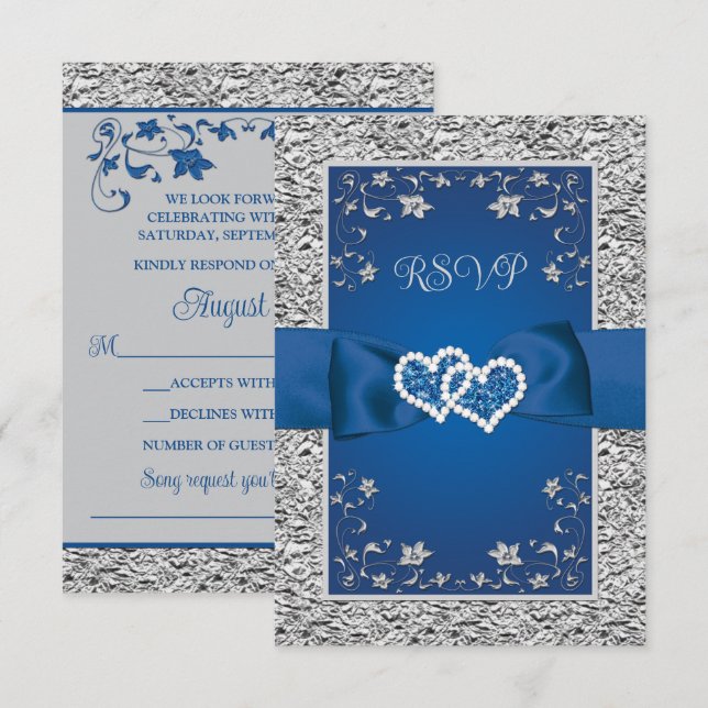 Royal Blue, Gray Love Hearts (SMALL) Wedding RSVP Card (Front/Back)