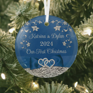 Royal Blue Gray Love Hearts Wedding 1st Christmas  Glass Ornament