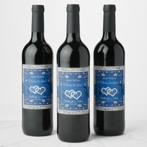 Royal Blue Gray Love Hearts Wedding Beverage Wine Label